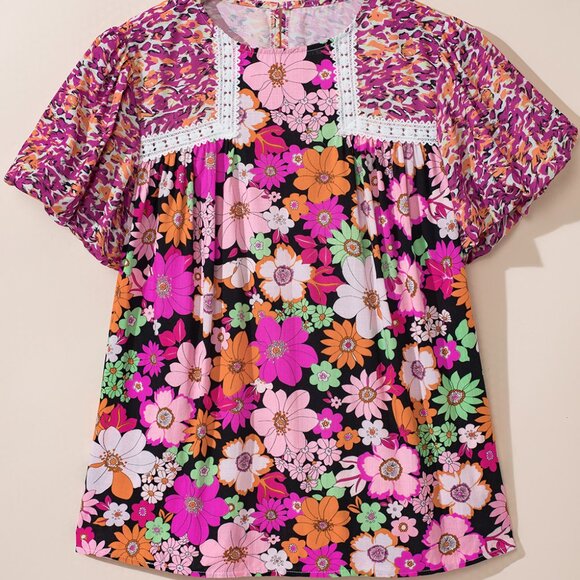 🌹 Rose Red Bubble Sleeve Lace Trim Floral Mixed Print Blouse - Picture 5 of 14
